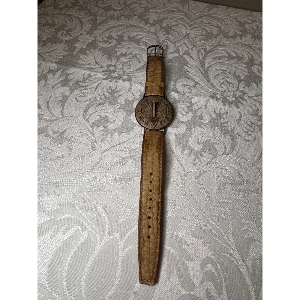 Fossil Sundial Watch Tan Leather Band Stone Face Timepiece SD-7610 Vintage